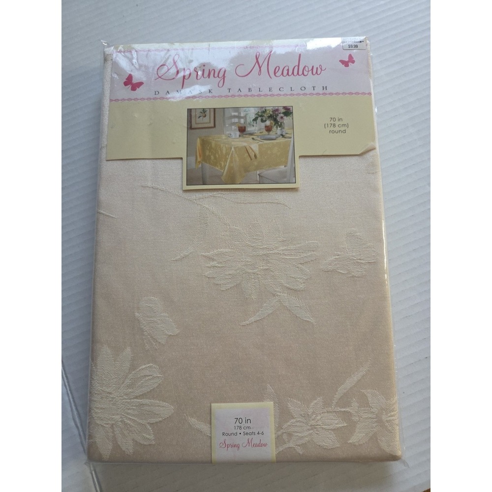 Damask Tablecloth Spring Meadow 70" Round Champagne Ivory